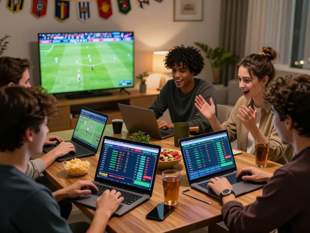 Exciting sports betting experience with friends using Fabet online platform, analyzing live match statistics.