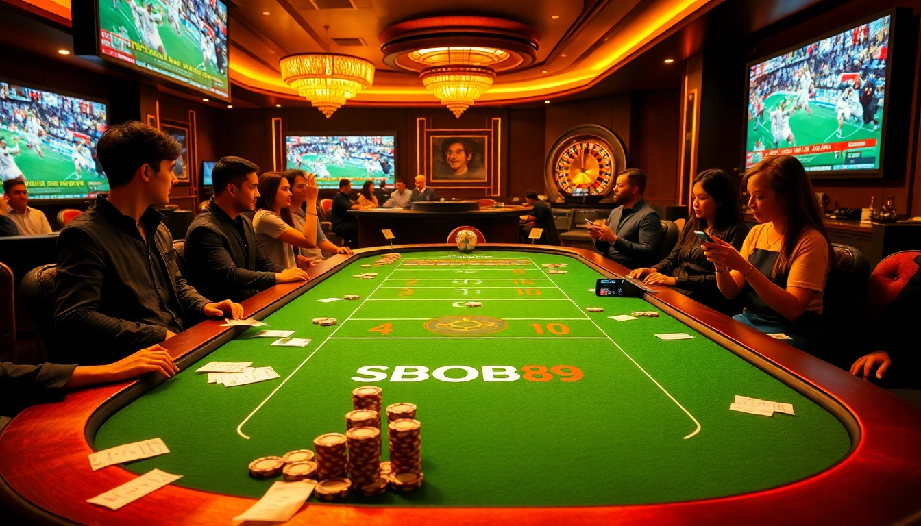 Bettors experience the excitement of sports betting with SBOBET89 at a vibrant casino table.