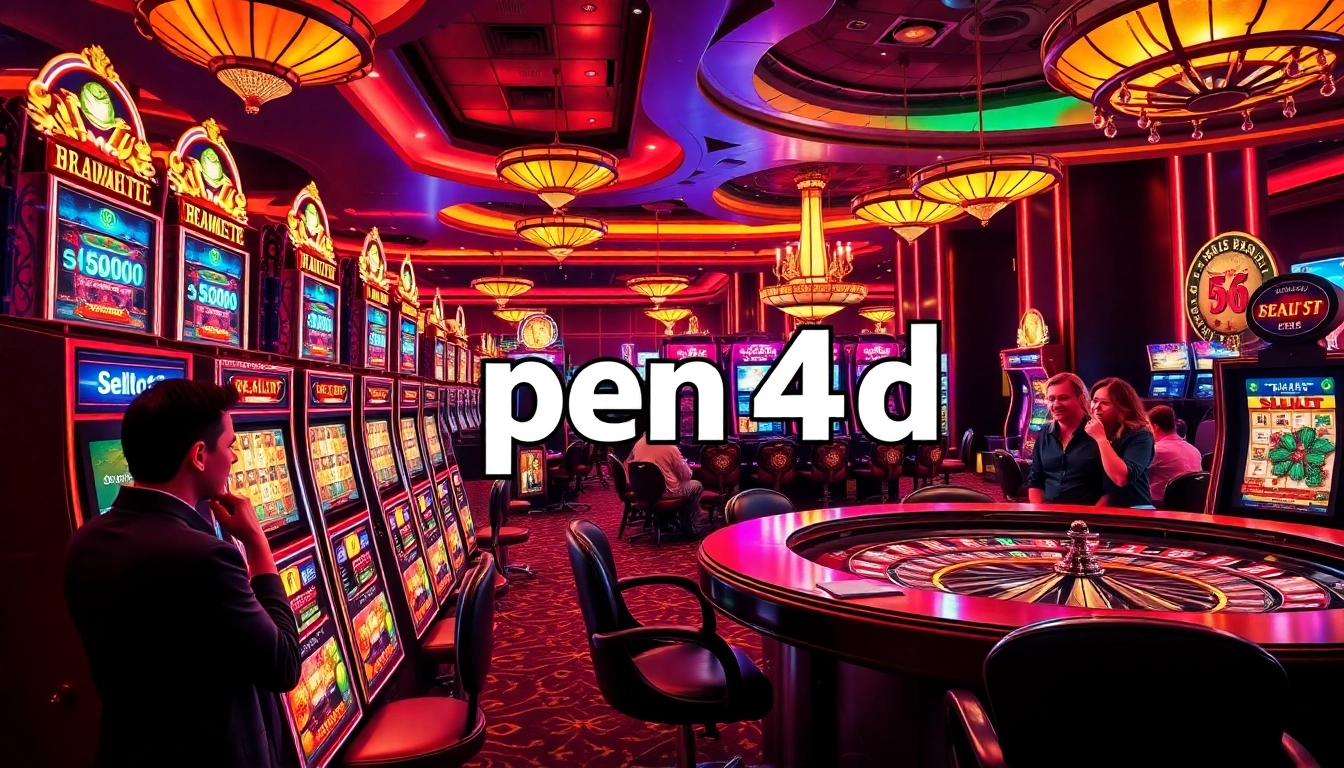 Gamblers winning with pen 4d strategies at a lively casino slot machine area.