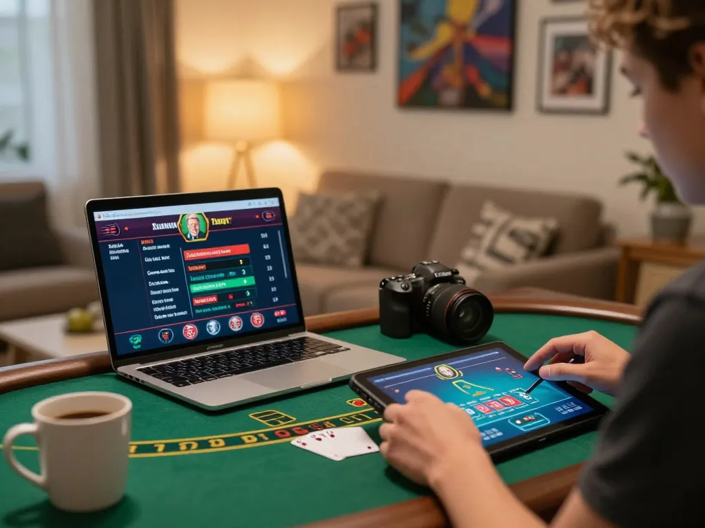 The user enjoys live dealer blackjack on their tablet while gaming at megaplus88 with a cozy, inviting atmosphere.