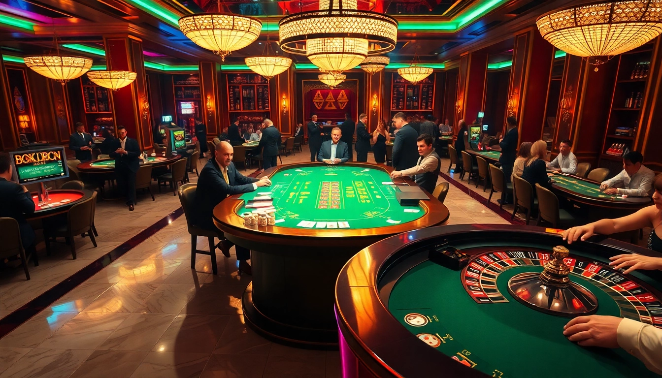 SODO Casino scene depicting players enjoying blackjack and roulette under vibrant lights.
