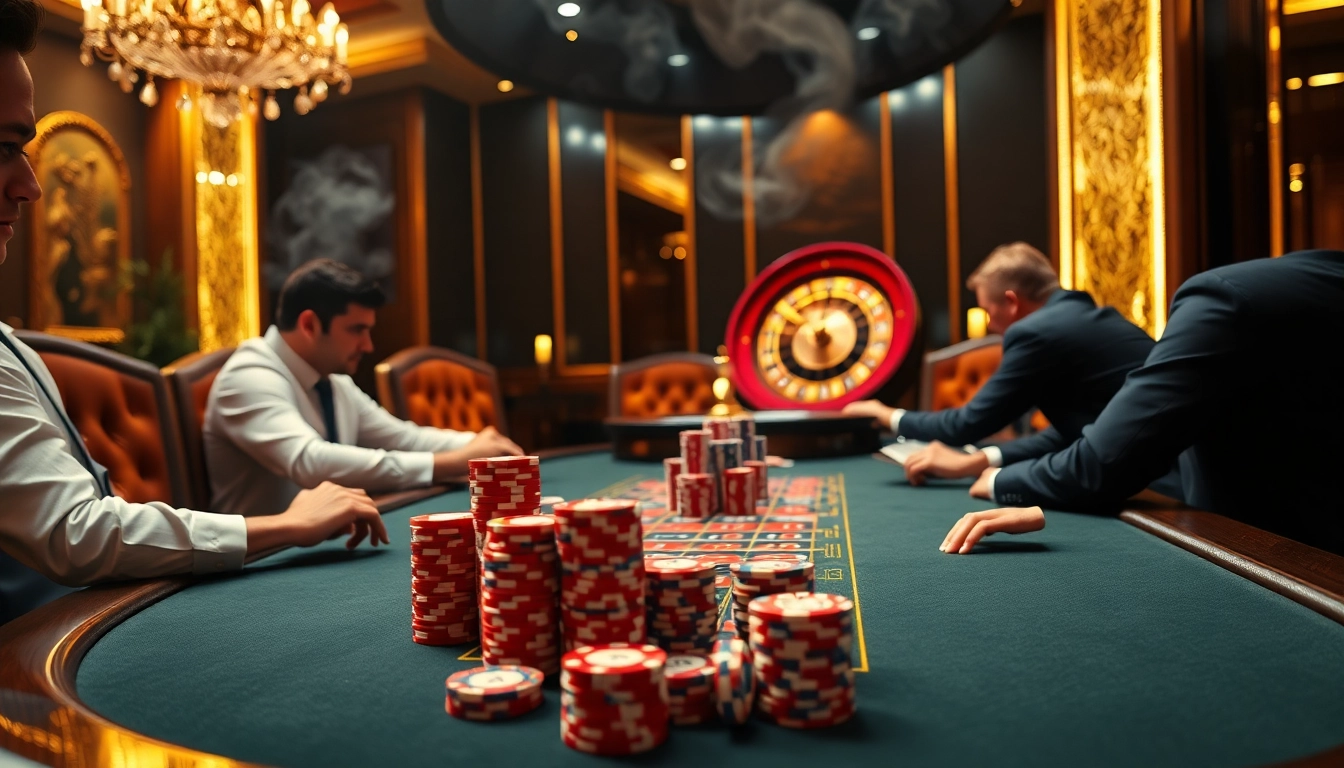 Engage in thrilling gameplay at https://goal123q.com/, with poker chips highlighting high-stakes excitement in a luxury casino setting.