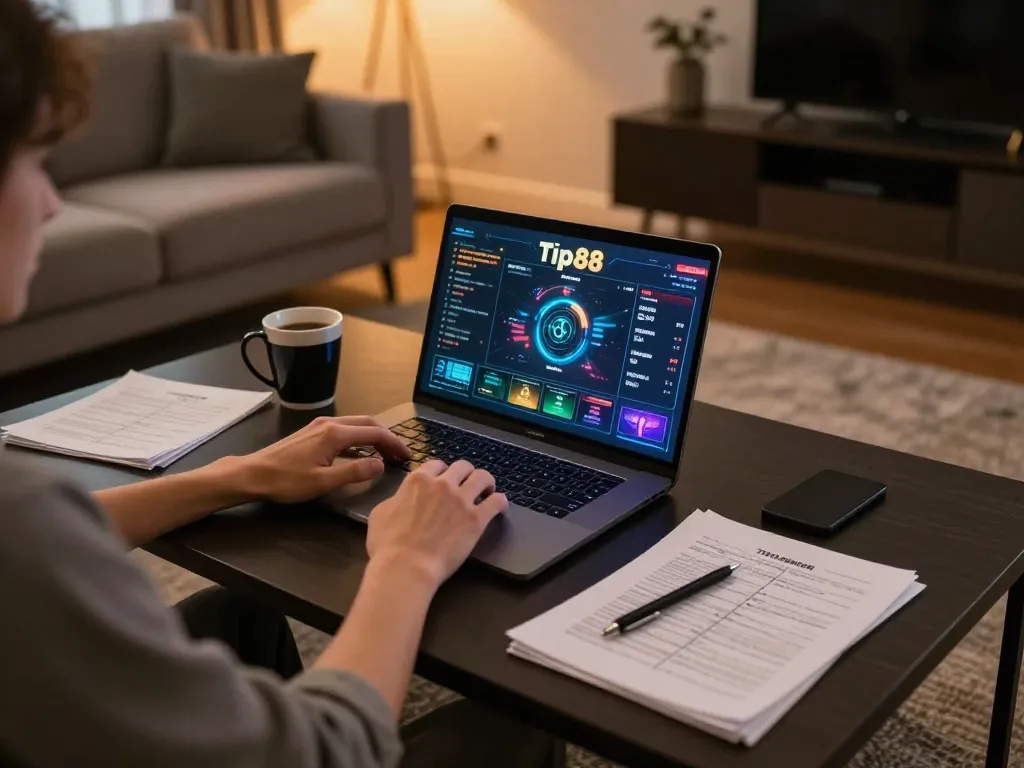 Engaging in online betting at tip88 with a cozy home setup, showcasing strategic gameplay.