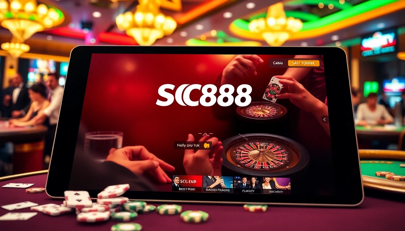 Players engage with the SC88 online platform amidst a luxurious casino ambiance with vibrant tables and excitement.