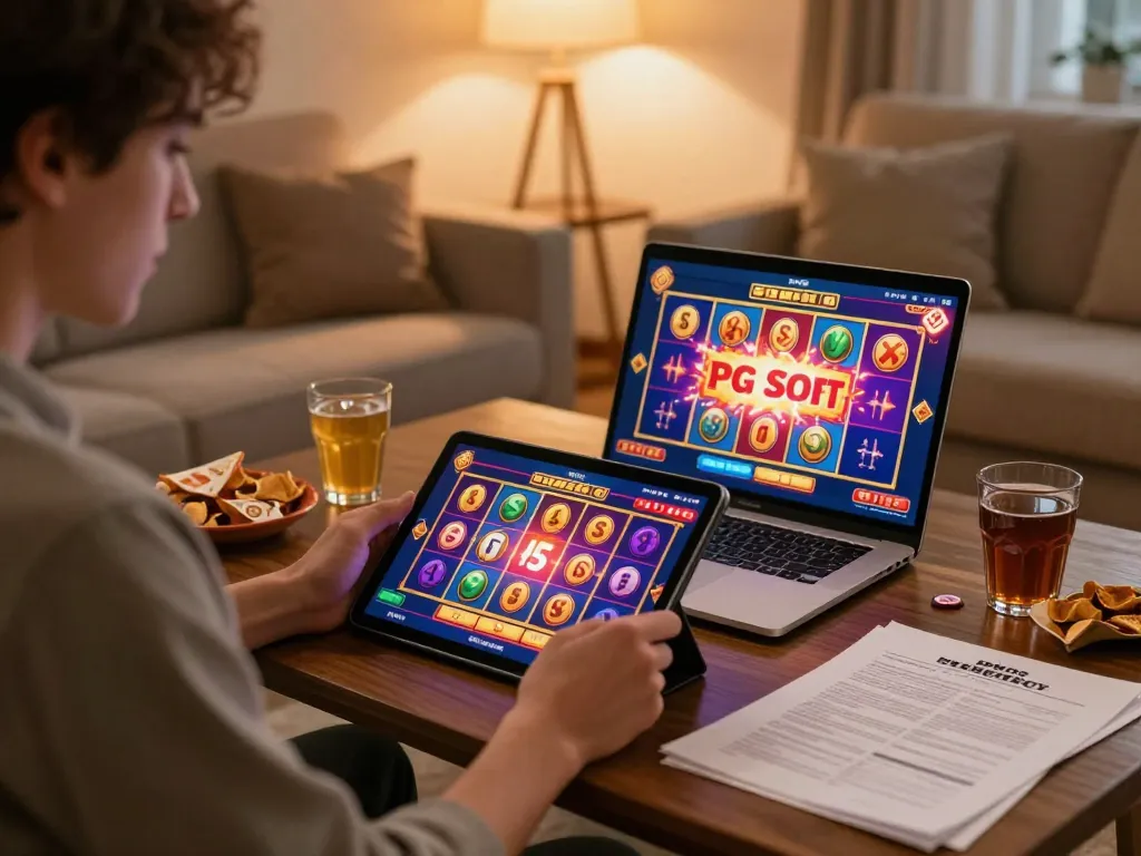 Gameplay yang menarik di Demo Slot PG Soft dalam suasana rumah yang nyaman dengan makanan ringan dan catatan strategi.