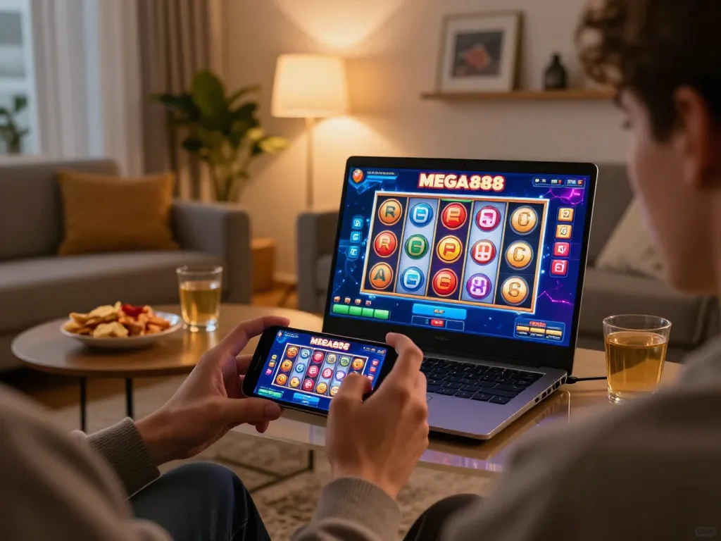 Engaging in exciting MEGA888 gameplay on a smartphone, vibrant slot reels visible in a cozy living room.