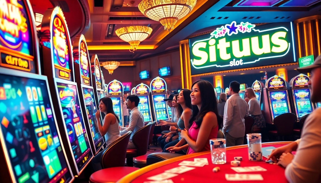 Situs Slot players enjoying vibrant slot machines in a luxurious casino environment