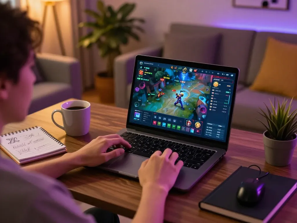 Engaging online kdslot gaming experience with player focused on laptop interface and strategic notes.