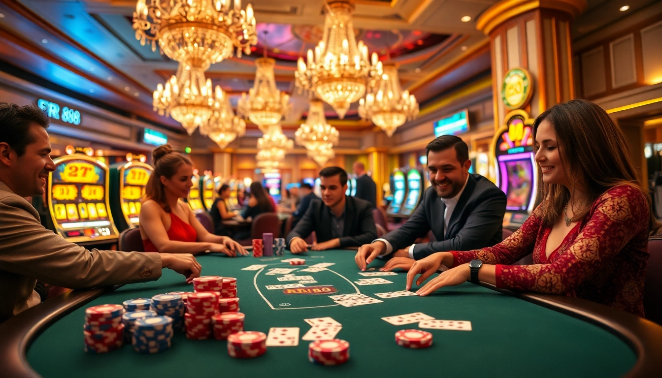 Players enjoying a thrilling game at RR88 poker table with vibrant chips and cards.