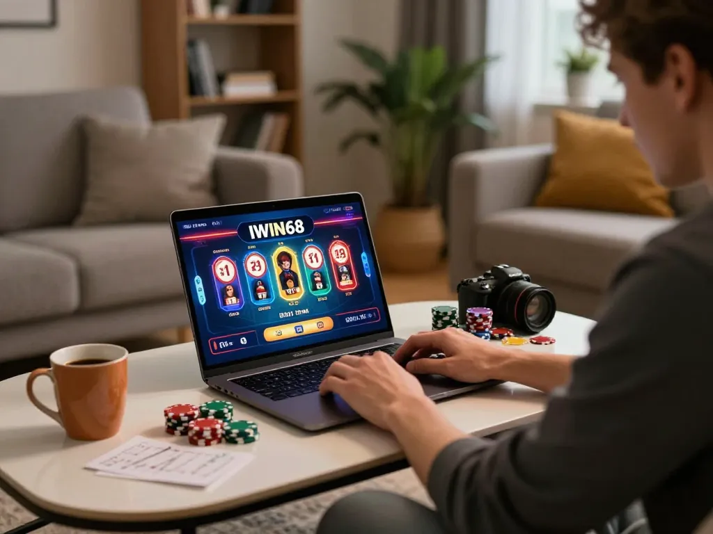 IWIN68 player engaged in an online poker game at home, showcasing strategy and focus.
