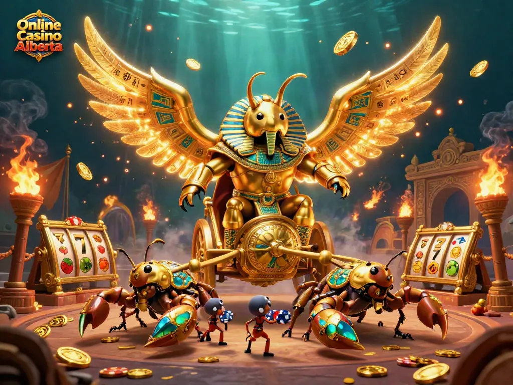 Engage in Online Casino Alberta action with a golden scarab and jewels amidst thrilling gaming elements