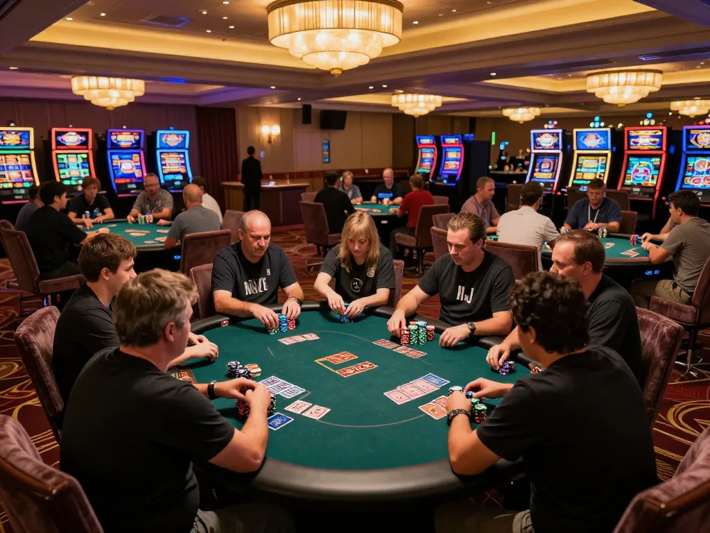 Players strategizing at JUN88 poker tables with vibrant chips and cards