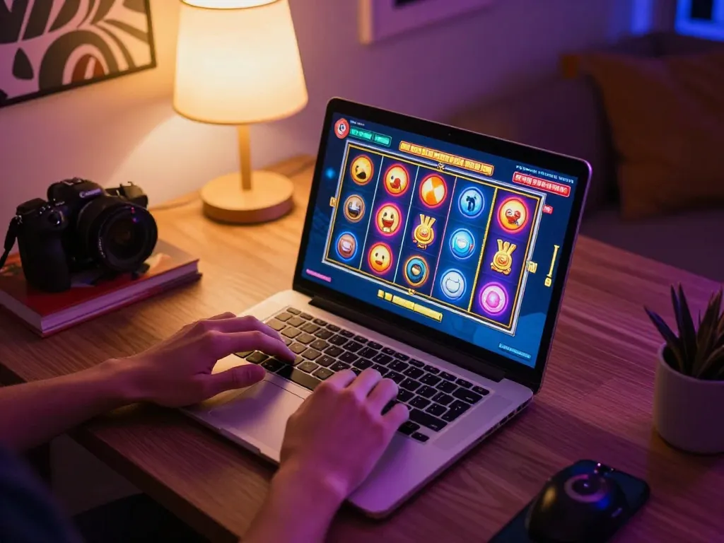 Engaging online slot game session with colorful graphics displayed on laptop screen in a cozy home.