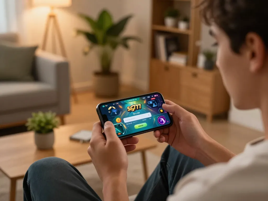 Player logging into sg777 for online gaming on smartphone in a cozy living room.