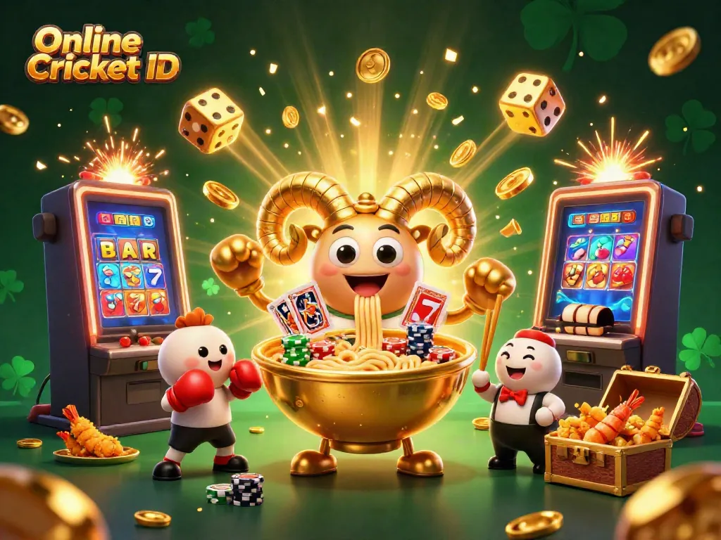 Engage with Online Cricket ID through a dynamic scene showcasing colorful characters and a vibrant casino environment.