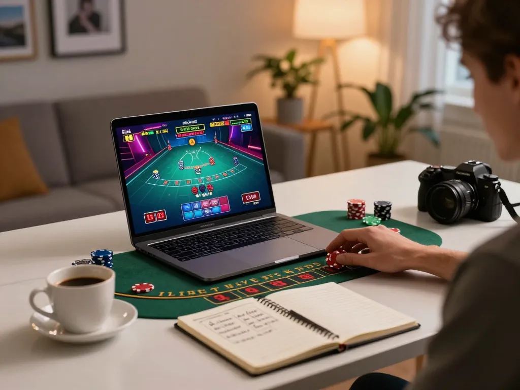 Engaged player using ww88 for live dealer blackjack at stylish home setup.