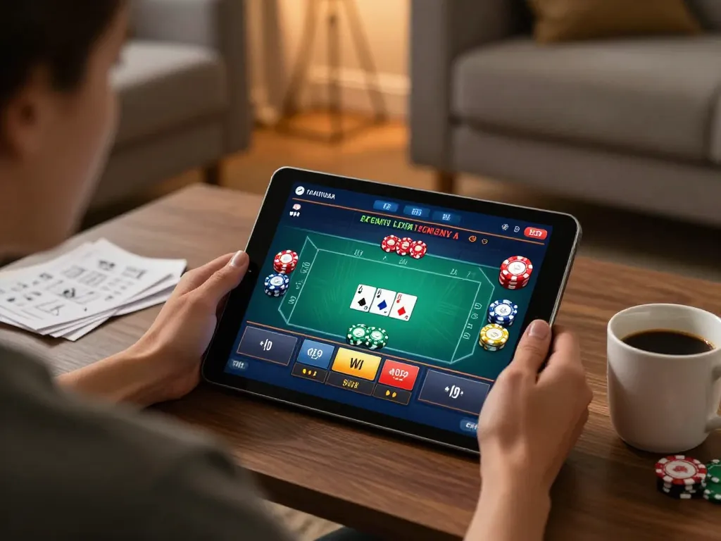 Player enjoying bl555's online casino experience on tablet, showcasing engaging poker game interface.