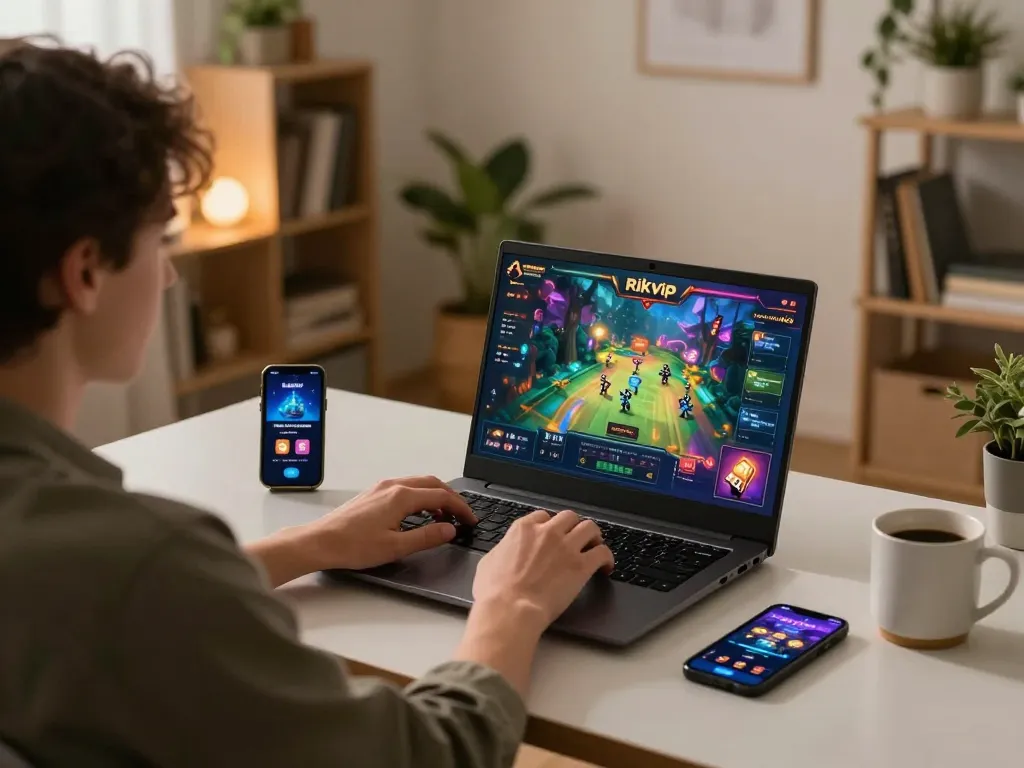 Engaging player using rikvip app on laptop at home for strategic online gaming.
