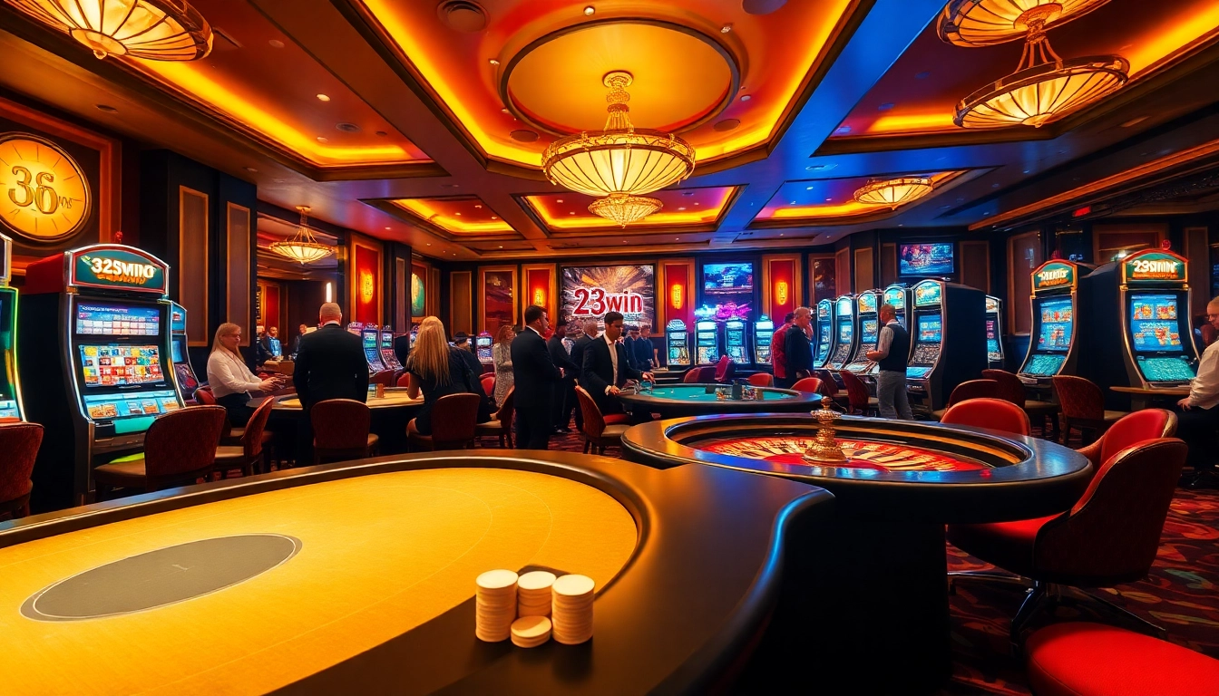 Experience the excitement of 23win with players at a luxurious casino table surrounded by vibrant games.