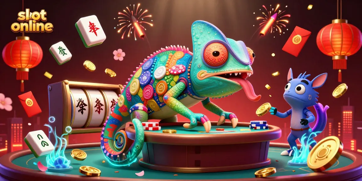Engage with slot online excitement as a colorful chameleon chomps coins amidst festive casino elements.
