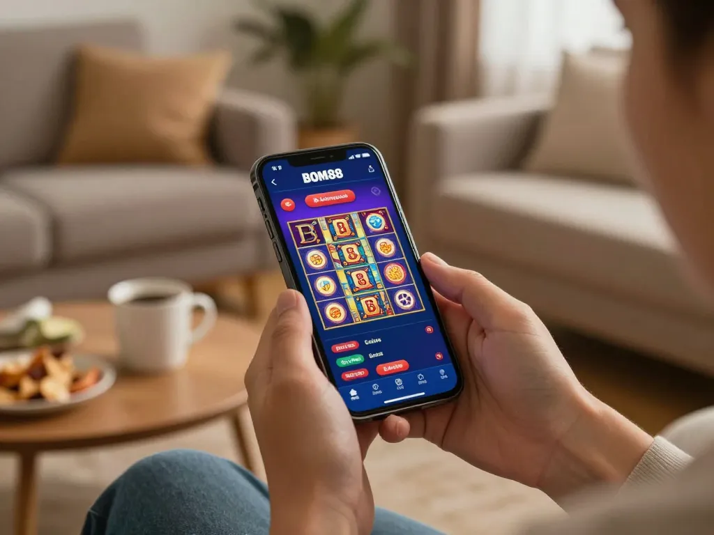 Pengalaman bermain game seluler BOM88 yang ditampilkan di smartphone dengan grafik permainan yang cerah dalam pengaturan rumah yang nyaman.