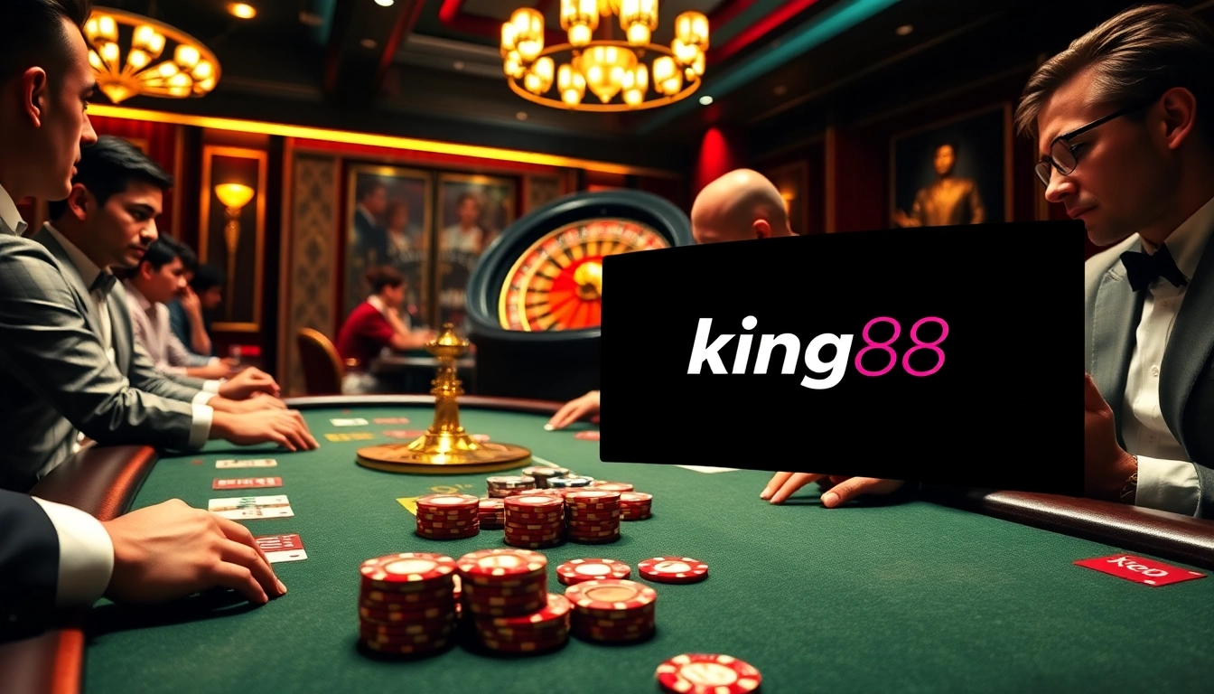 Players at a king88 poker table strategizing their next move in a luxurious casino setting.