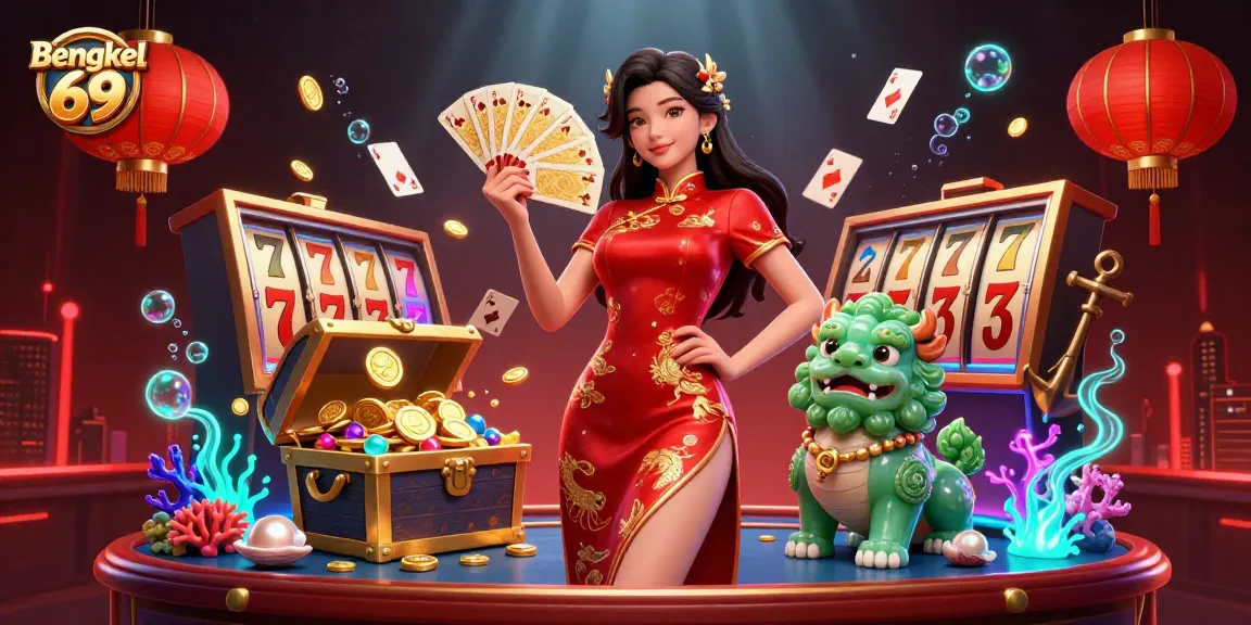 Engage with Bengkel 69's vibrant 3D scene featuring slots, treasures, and a festive atmosphere.