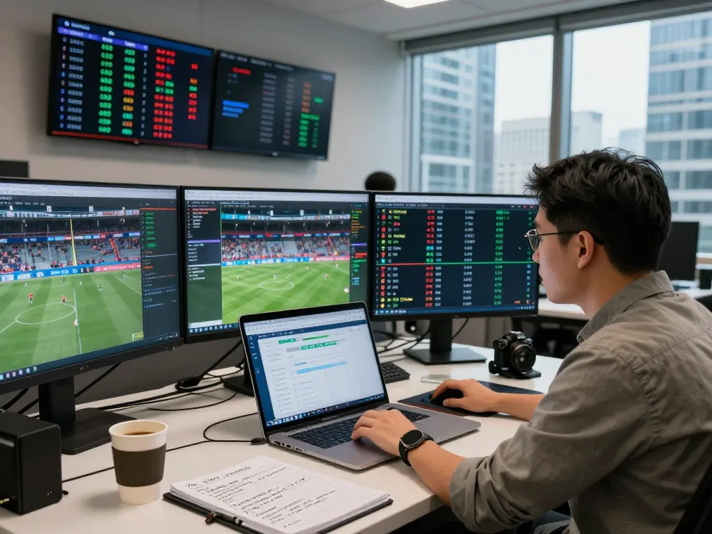 Sports analyst focused on kèo nhà cái trends and betting strategies in a modern office.