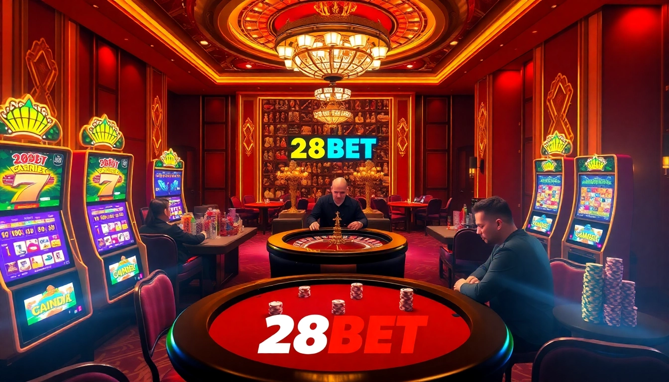 Players enjoying a thrilling poker game at 28BET casino with colorful chips and vibrant slot machines.