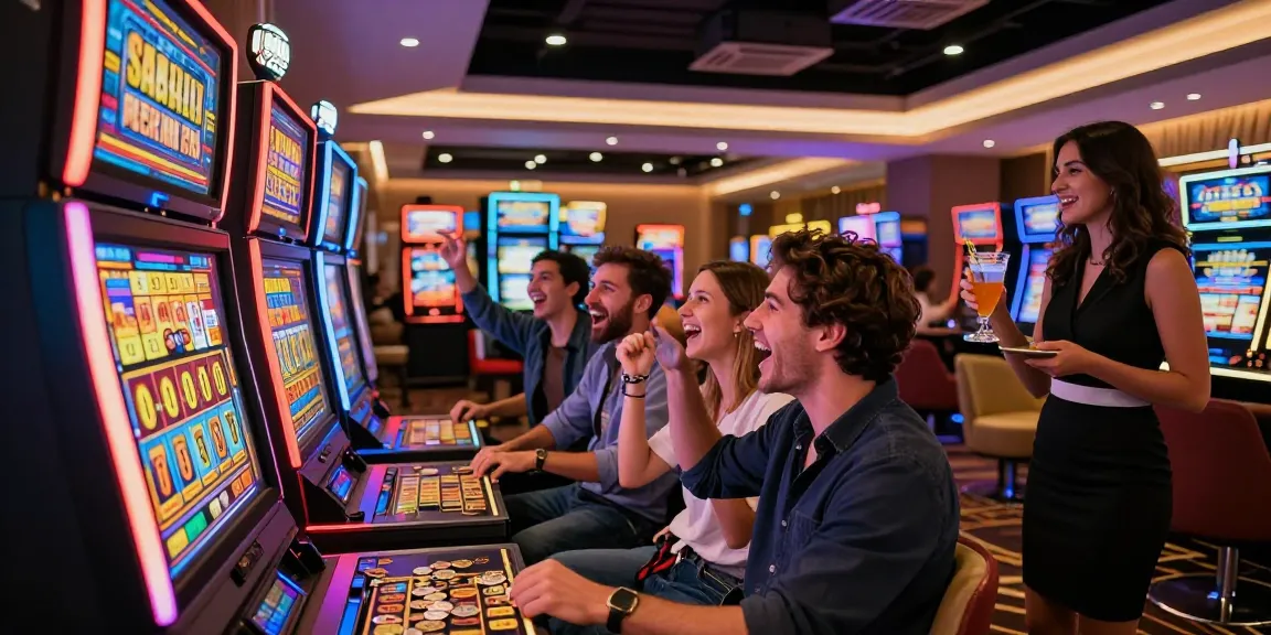 Group of friends celebrating a win on a slot gacor machine in a lively casino.