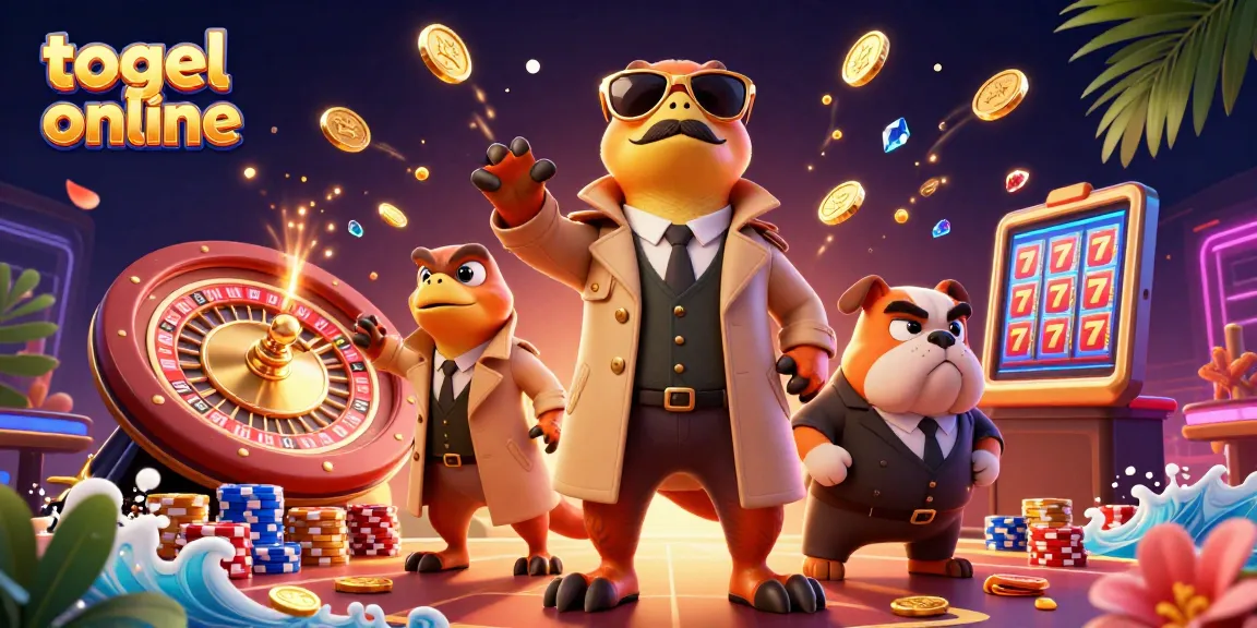 Experience exciting togel online action with raptors in a trench coat at a vibrant casino scene.