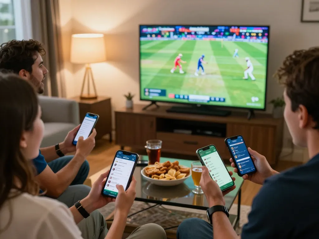 Friends engaging in cricket betting on https://crickex.fit/ during a live match at home.