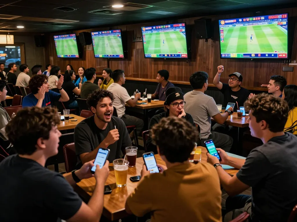The lively atmosphere of sports betting at a bar, showcasing tỷ lệ kèo nhà cái 5 with fans eagerly checking their betting apps.