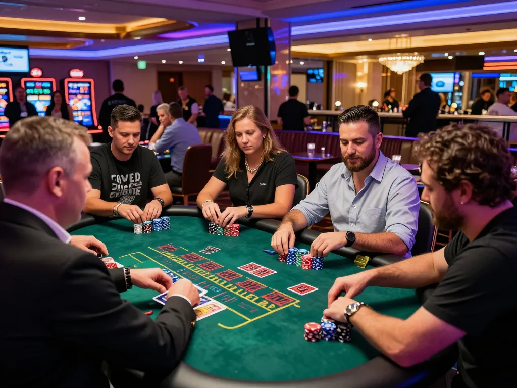 Engaged players at hitclub blackjack table making strategic bets in an exciting casino atmosphere.