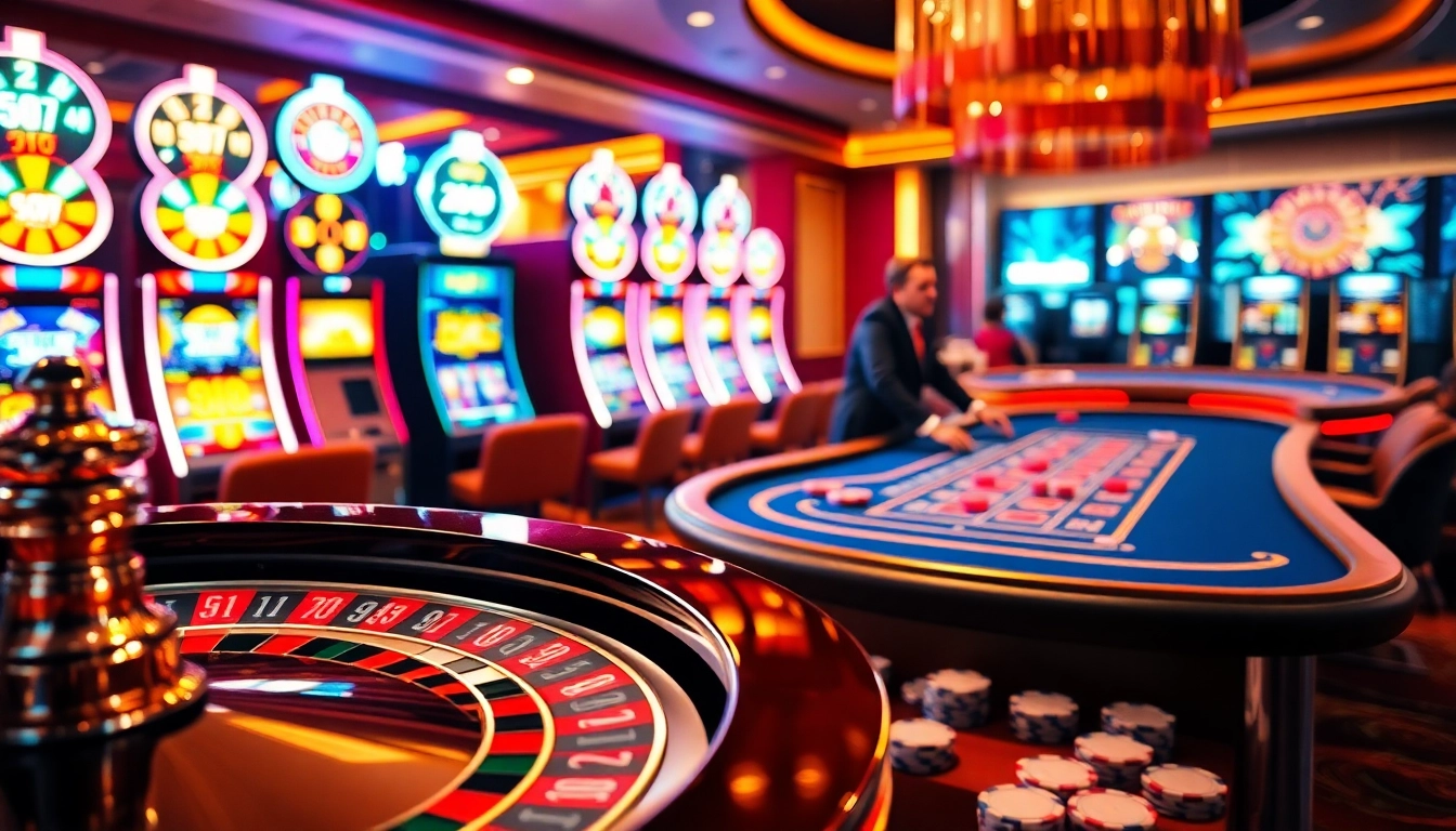 Experience the excitement of nhà cái cm88 with poker chips and a roulette wheel in a vibrant casino.