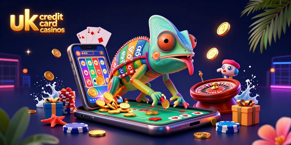 Play at uk credit card casinos with a vibrant 3D casino illustration featuring a chameleon owner and dynamic gaming elements.