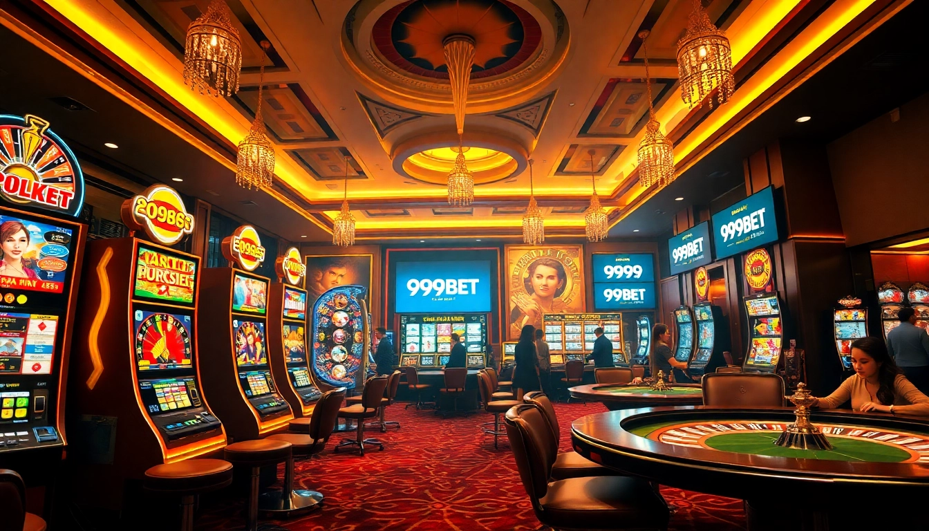 Players enjoying various games at 999BET, featuring vibrant slot machines and card tables.