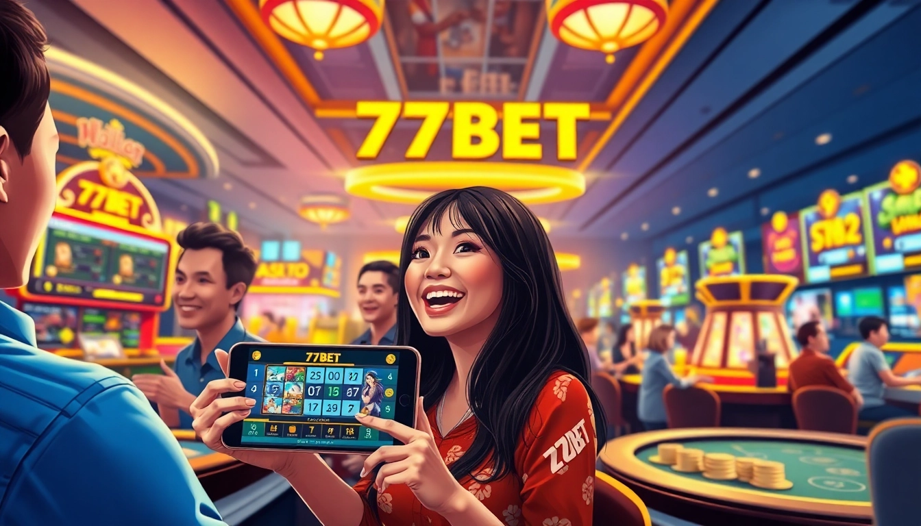 77bet online gambling community with players enjoying various games in a vibrant casino atmosphere.