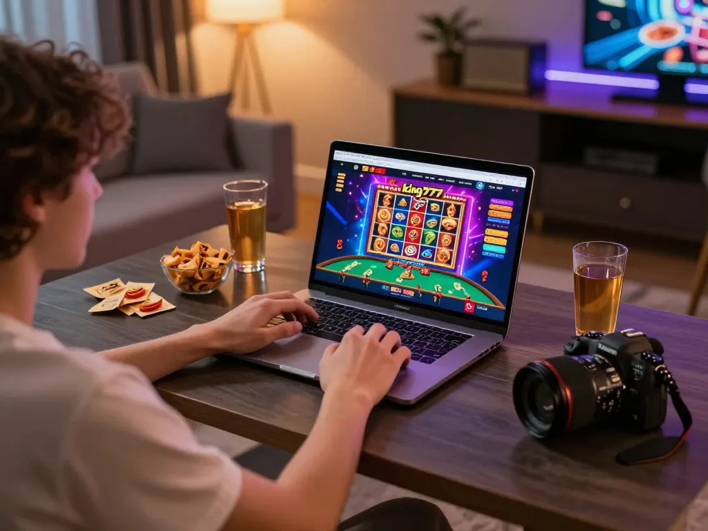 Pemain yang terlibat menjelajahi opsi kasino online king777 di laptop dalam pengaturan rumah yang nyaman.
