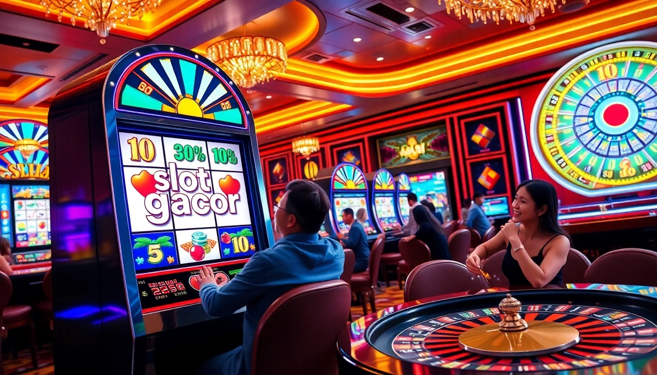 Rasakan kegembiraan slot gacor dengan pemain kasino yang meriah merayakan kemenangan besar di mesin slot.