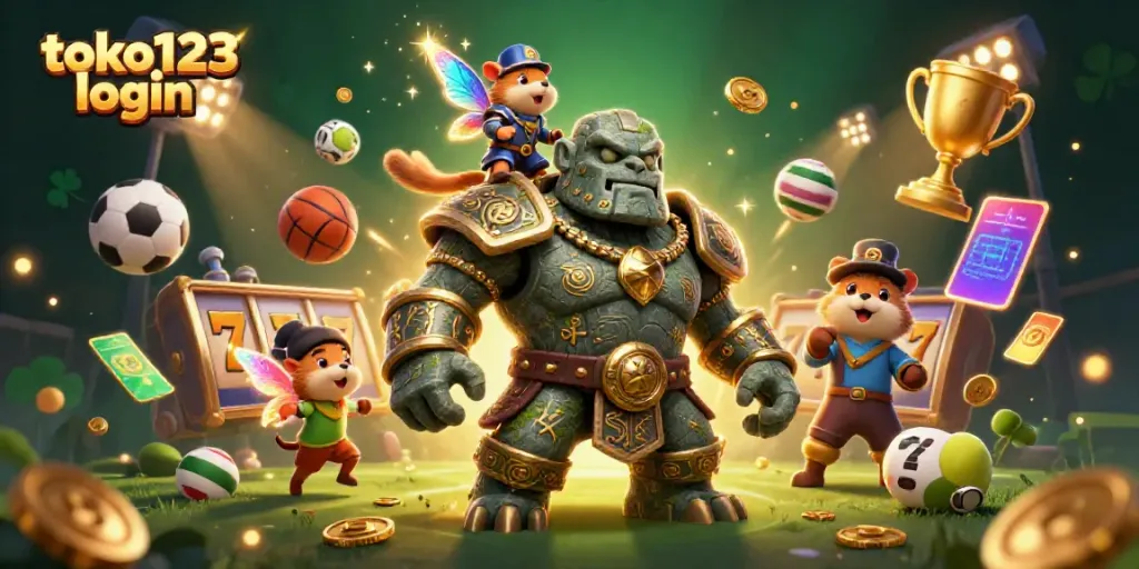 Engage in exciting gaming with Toko123 login, featuring a mystical stone guardian and dynamic sports elements.