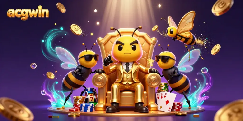 Gambarkan keseruan bermain di acgwin dengan bos lebah kartun dan permainan slot