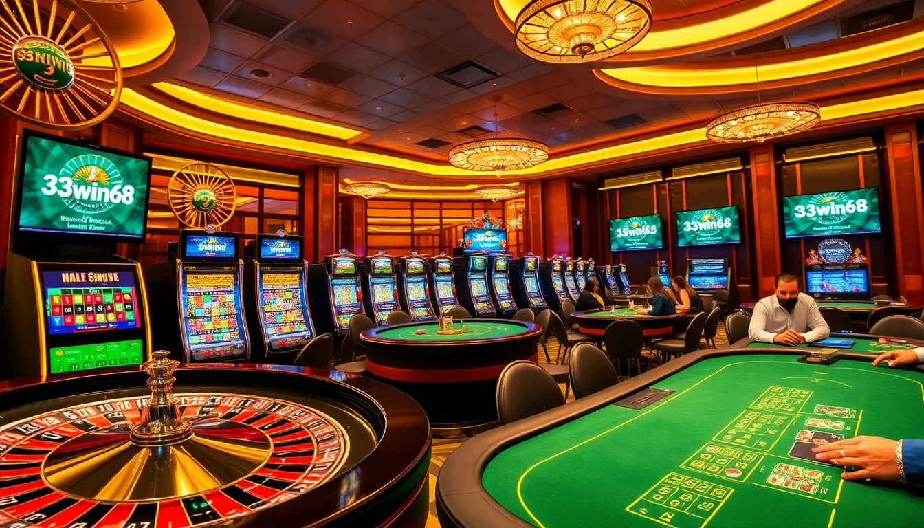 33win68 suasana kasino yang menampilkan atmosfer perjudian mewah dengan meja roulette dan poker.