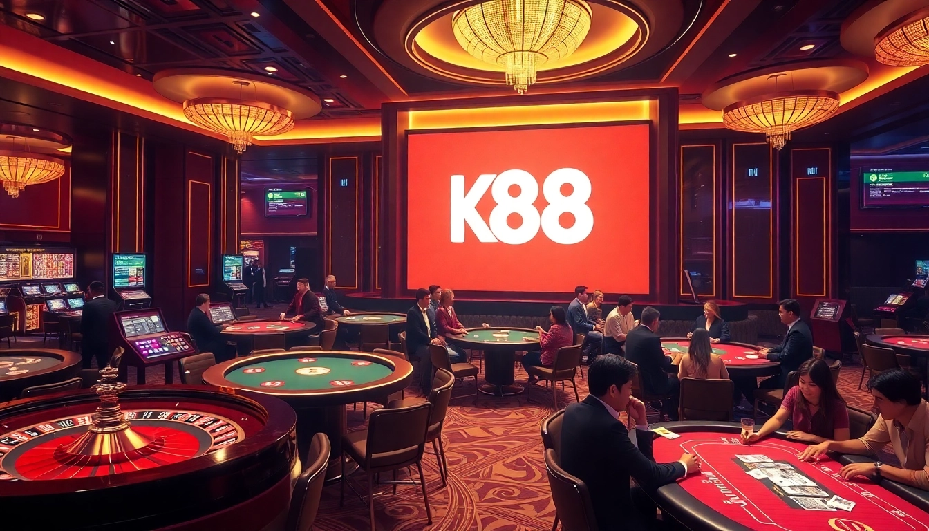 K88 casino scene showcasing poker tables and roulette wheels filled with enthusiastic players in a luxurious setting.