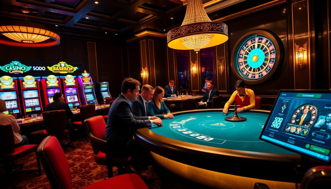 Exciting gameplay at SODO Casino with players strategizing at the poker table and vibrant slot machines.