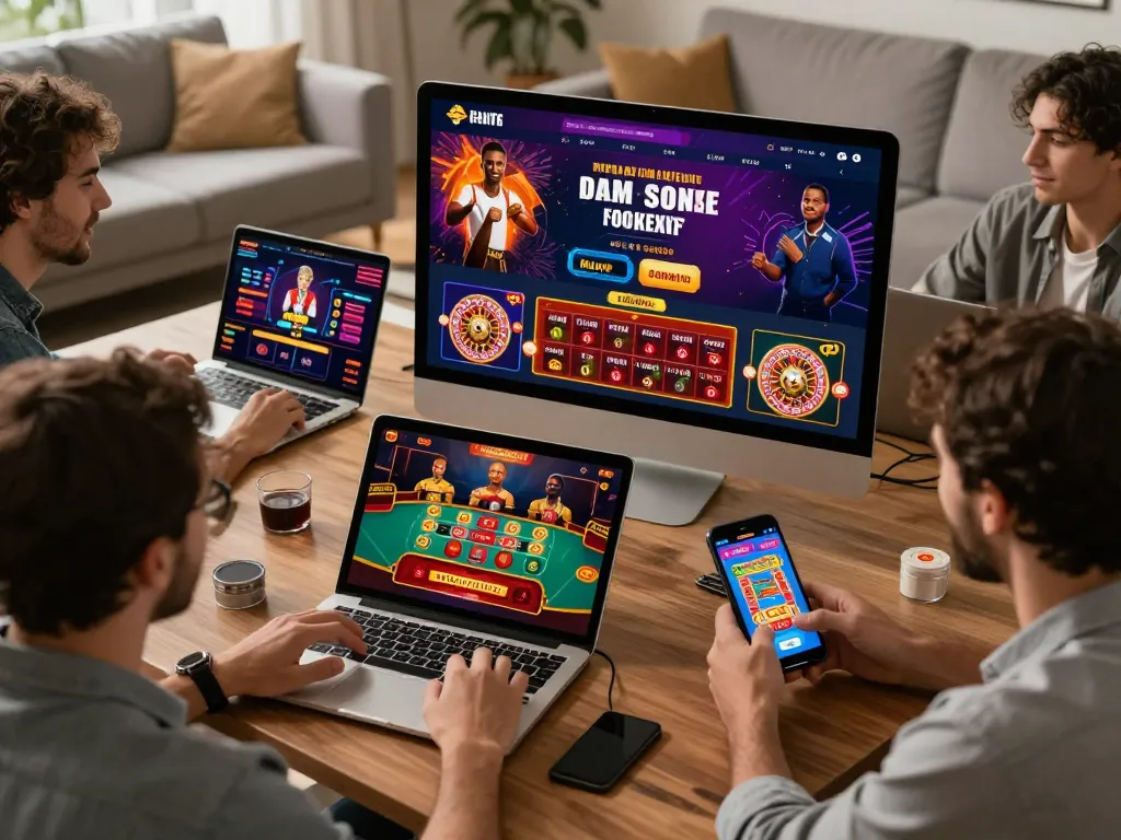 Players enjoying diverse casino games online with 45678 platform on smartphones and laptops in a relaxed home setting