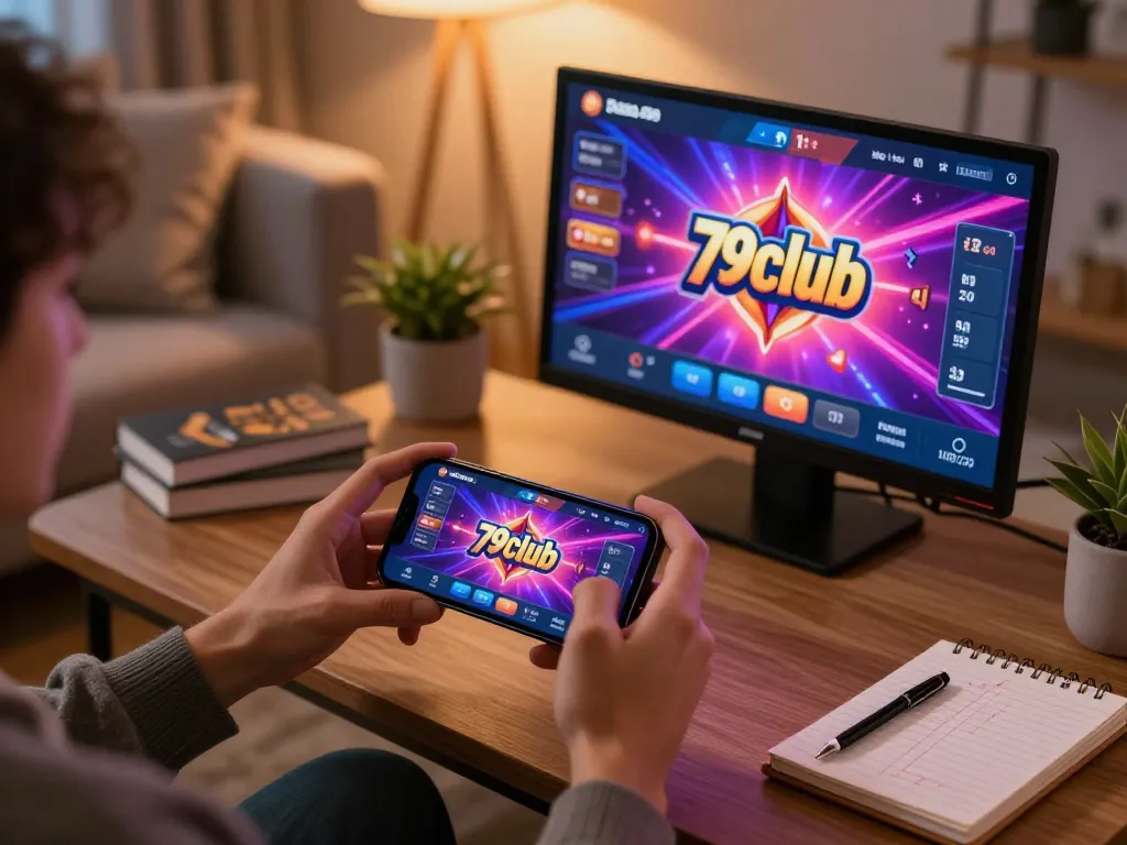 Engaged player using 79club mobile app for online gaming, showcasing a cozy home setup.