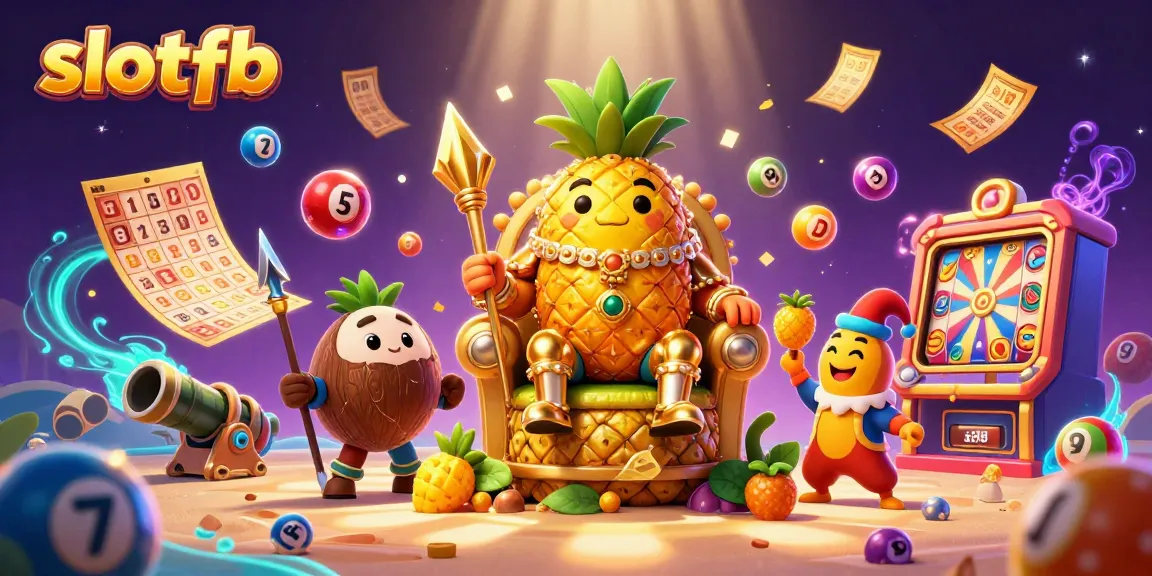 Menyusun strategi permainan saat menikmati slotfb dengan ilustrasi penuh warna dari raja nanas dan suasana kasino yang menarik.