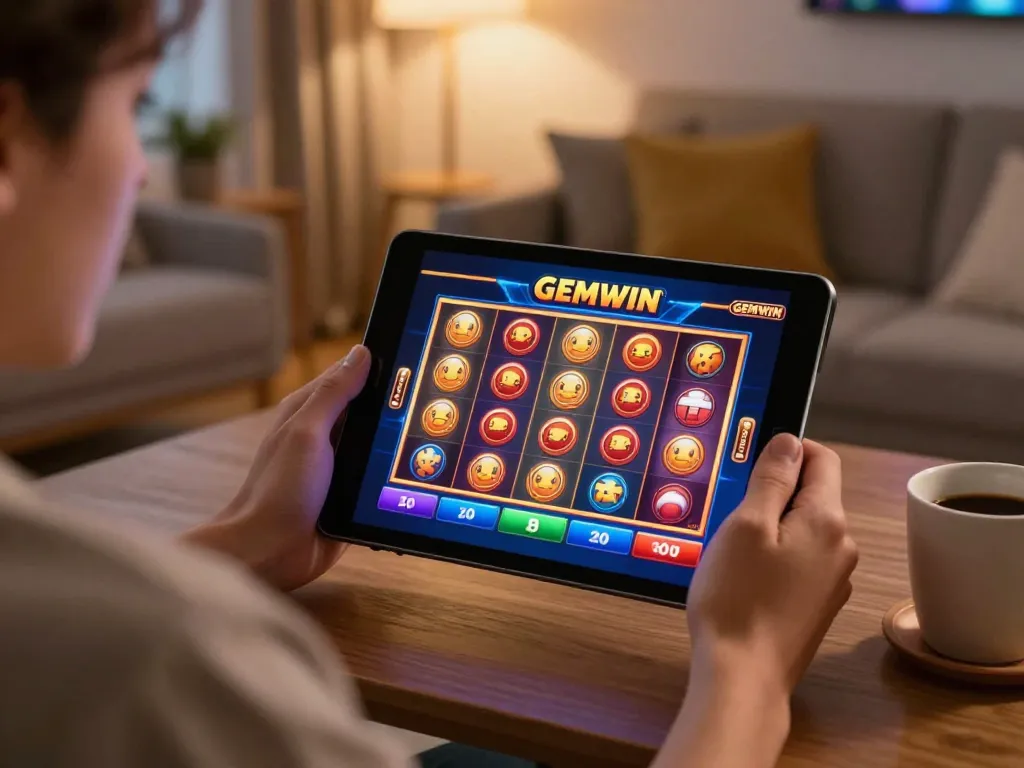 GEMWIN player enjoying online slots on tablet at home, showcasing relaxed gaming atmosphere.