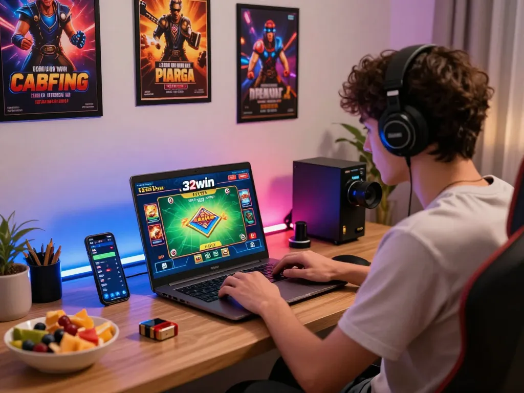 Exciting gaming atmosphere at 32win.com with a player engaging in casino games, lively setup, and modern decor.